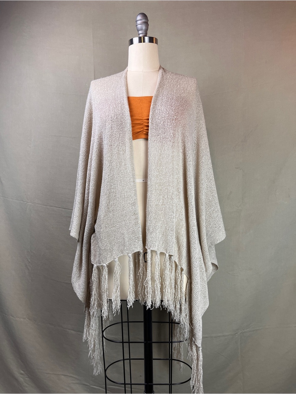 Knit Fringe Poncho Shawl Beige Boho Cover-Up by New York and Company